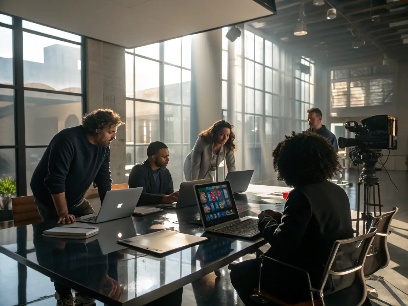 A professional workspace showcasing a diverse team collaborating on AI solutions, emphasizing the integration of AI into various business processes.